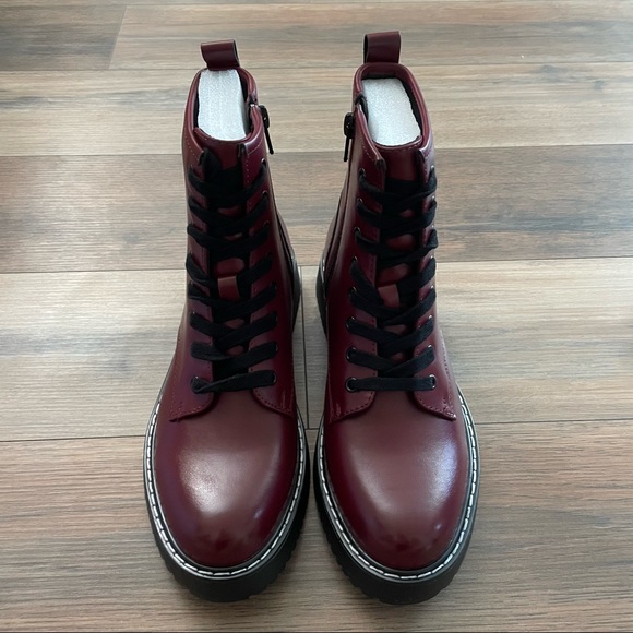 Madden Girl Kurrt Burgundy Paris Combat Boots Side Zip LaceUp Round Toe - Picture 4 of 7